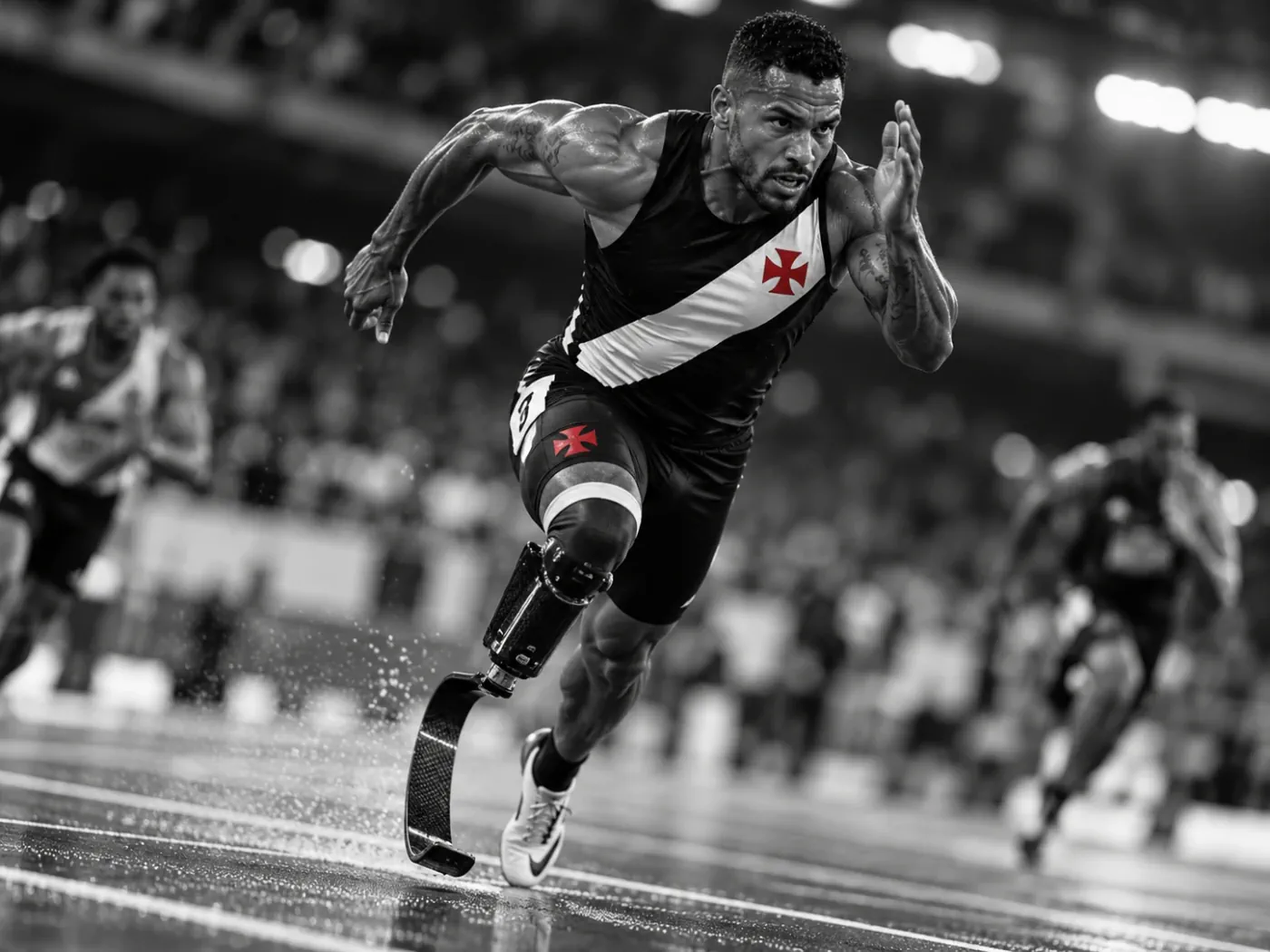 Velocista com prótese esportiva de corrida em movimento na pista